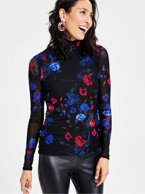 INC International Concepts Black Red & Purple Floral Mesh Turtleneck Women’s Lg